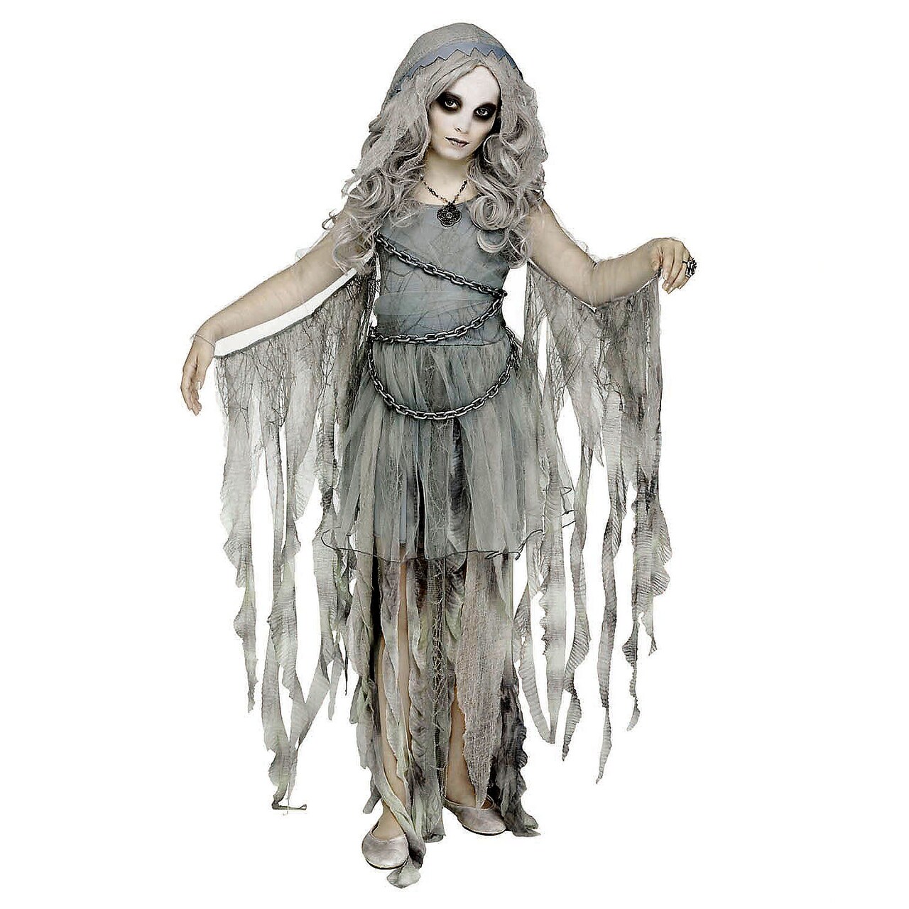 Girls Enchanted Ghost Costume Gray Hooded Dress with Flowing Panels